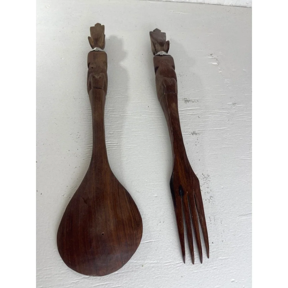 Vintage Hand Carved African Tribal Wood Salad Serving Set Spoon Fork Neck Rings